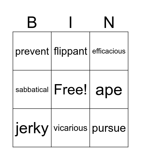 Vocabulary Aug. 26 - Sept. 1 Bingo Card