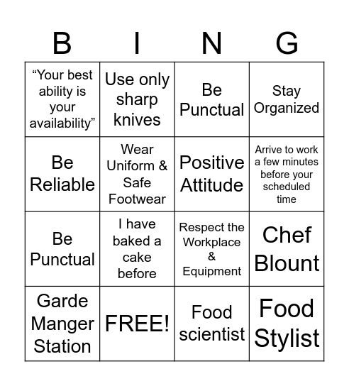 Kitchen Professionalism Bingo Card