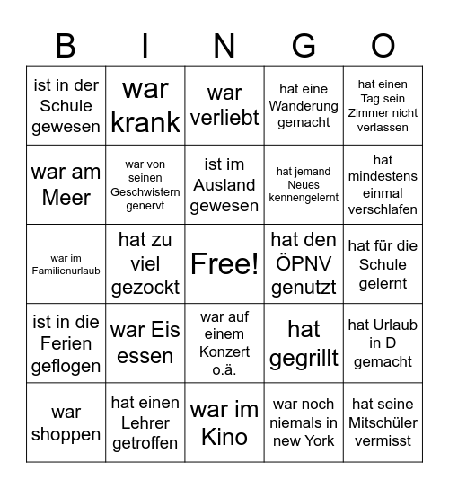 schnelles Ferienbingo Card