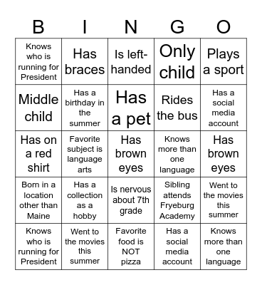 Classmate Bingo Card