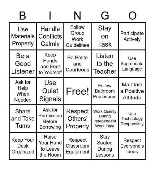 Class Rules Bingo Card