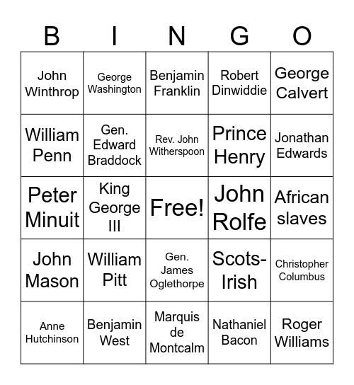 Who's Who in US History Chapters 1 & 2 Bingo Card