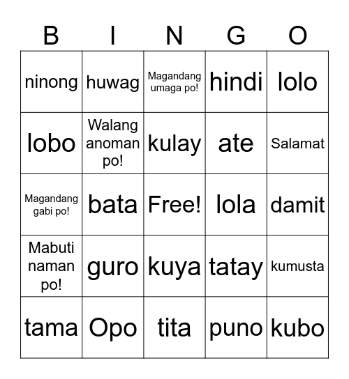 Filipino Bingo! Bingo Card