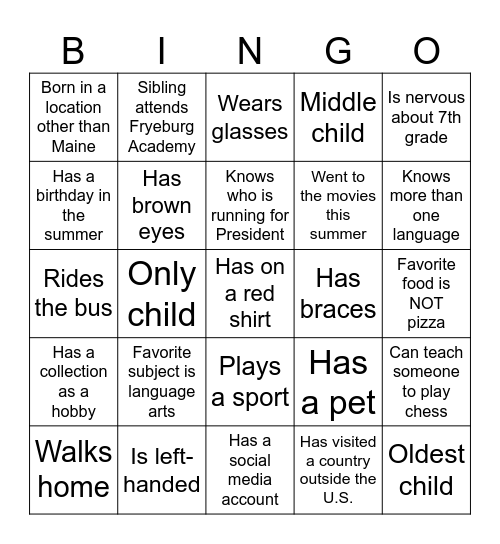 Classmate Bingo Card