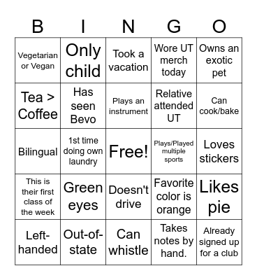 Getting to Know You! Bingo Card