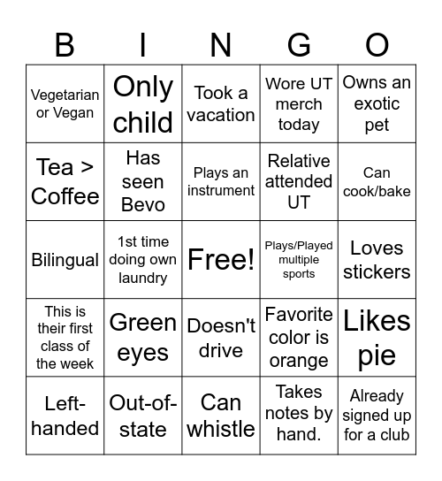 Getting to Know You! Bingo Card