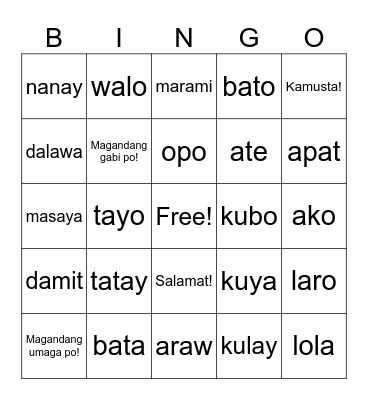 Filipino Language Bingo Card