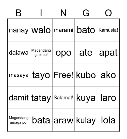 Filipino Language Bingo Card