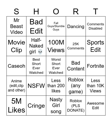 Youtube Shorts Bingo Card