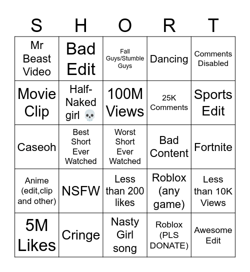 Youtube Shorts Bingo Card