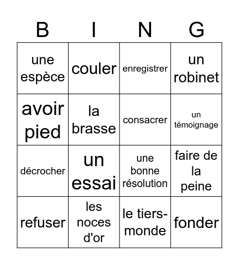 Bingo de mots. Révision de 2.1 Bingo Card