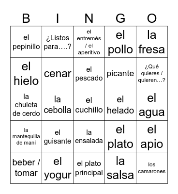 Español 2: Comida y Restaurantes Bingo Card