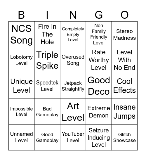 GD Platformer Bingo Card