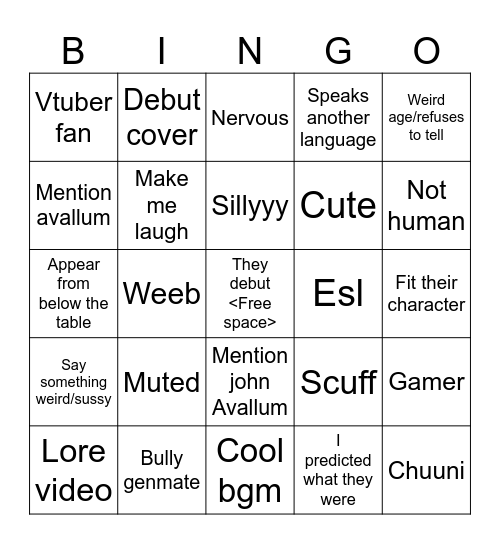 Debut Bingo Card