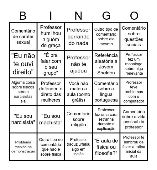 Bingo da aula de filosofísica Bingo Card