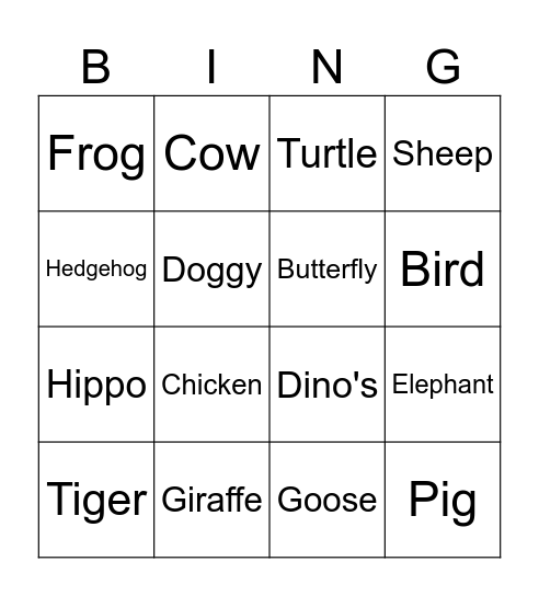 Amelie's Animal Bingo Card