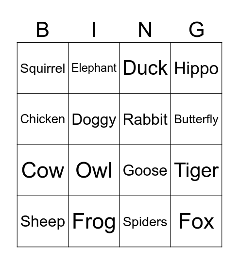 Amelie's Animal Bingo Card