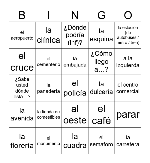 Español 3: En la Ciudad Bingo Card