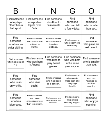 Getting to know each other ... Bingo Card