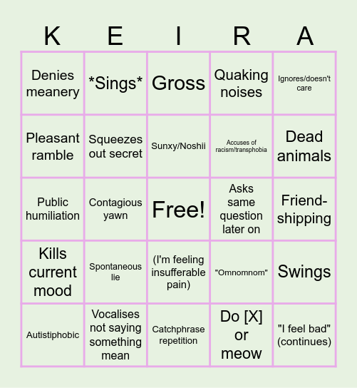 Keira Bingo Card