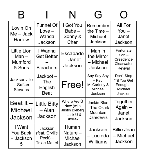 MUSIC BINGO BRUNCH - GOIN' TO JACKSON 8/25 Bingo Card