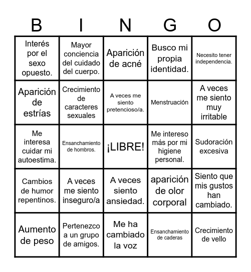 Bingo Pubertad Bingo Card