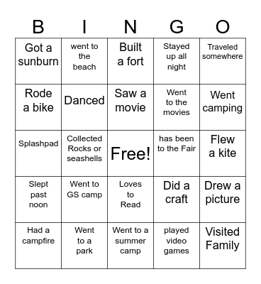 Back to Troop Bingo: Summer Vacation Bingo Card