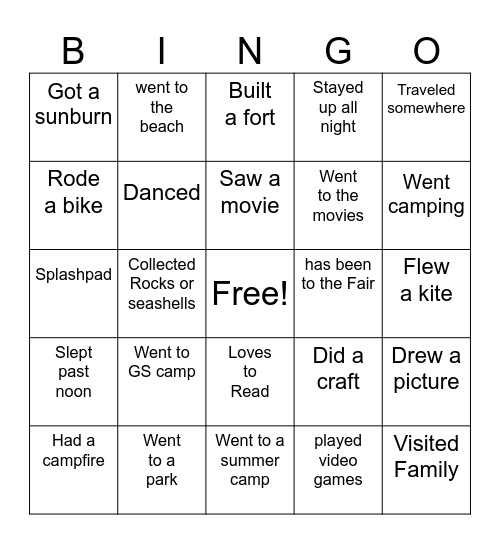 Back to Troop Bingo: Summer Vacation Bingo Card