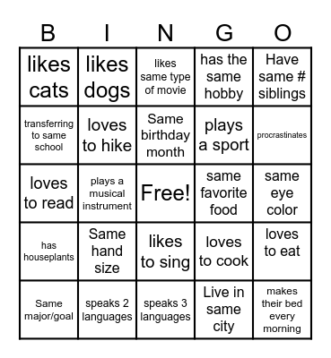 Introduction Bingo Card