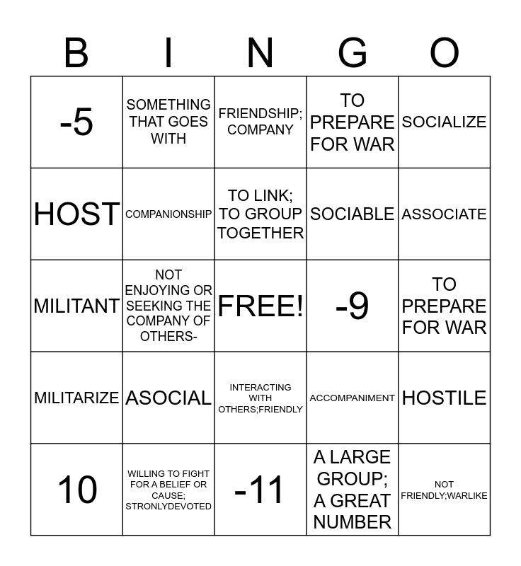 UNIT 11 Bingo Card