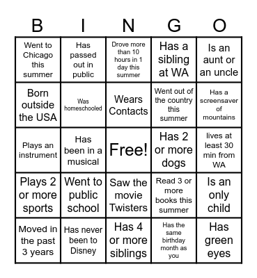 WA Freshman BINGO Card