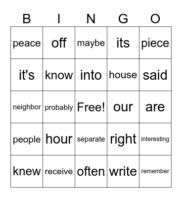 No Excuses Words - List 2 Bingo Card