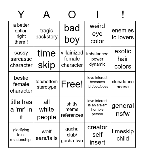 Shitty BL GLMM Bingo! Bingo Card