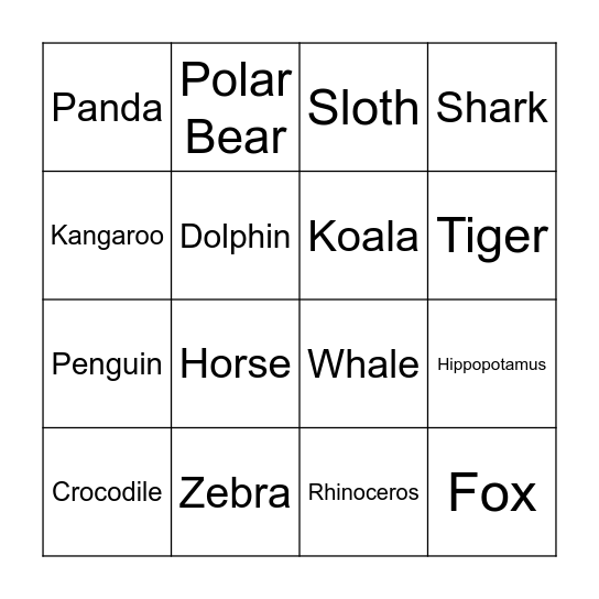 Animal Bingo Card