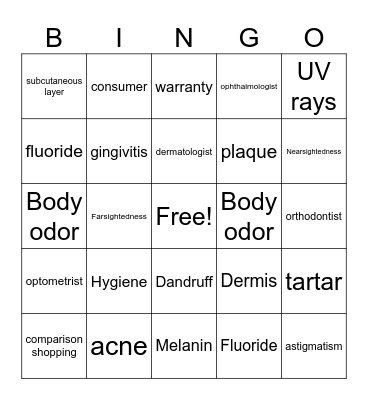 Personal Health Care Bingo Card