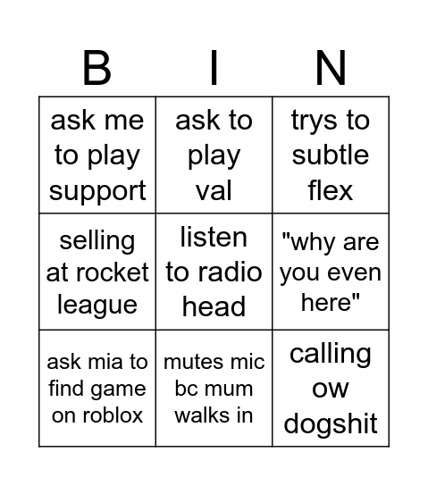 Ethan bingo Card