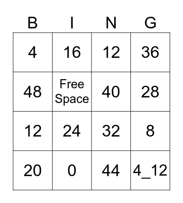 Skip Count by 4's Bingo Card