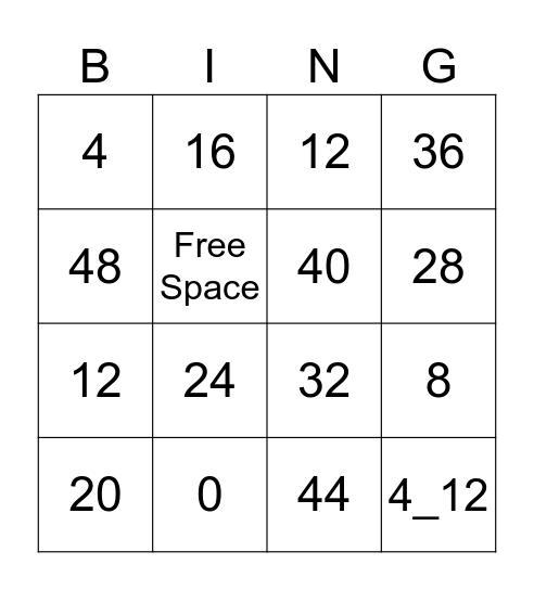 Skip Count by 4's Bingo Card