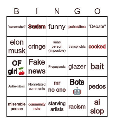 twitter/X bingo Card
