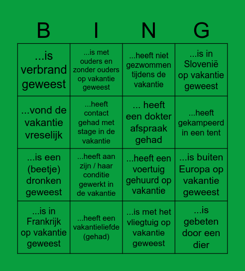 vakantie VV-ZO 23B Bingo Card