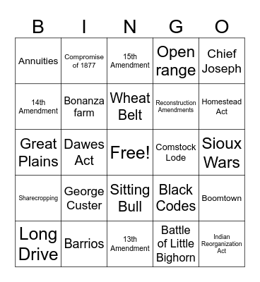 Reconstruction/Westward Expansion Bingo Card