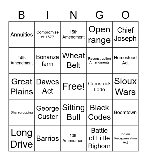 Reconstruction/Westward Expansion Bingo Card