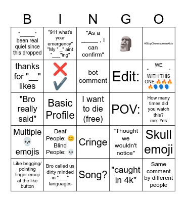 YouTube Shorts Comments Bingo Card