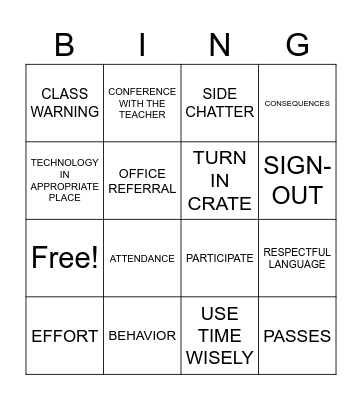 CLASSROOM PROCEDURES AND EXPECTATIONS Bingo Card