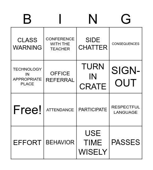 CLASSROOM PROCEDURES AND EXPECTATIONS Bingo Card