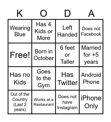 Koda’s “Find the Guest” Bingo Card