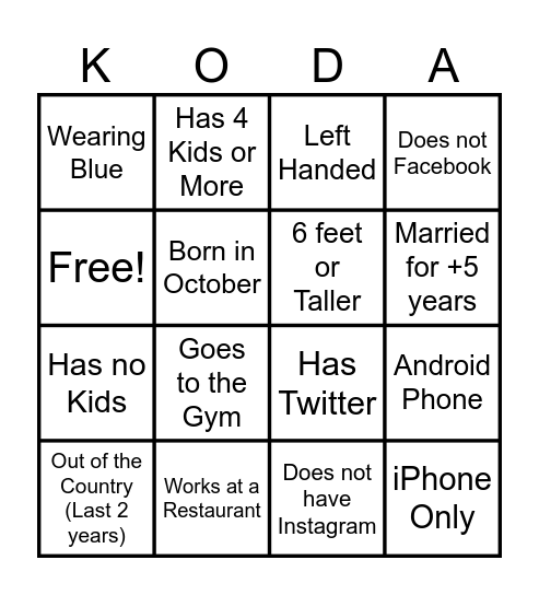 Koda’s “Find the Guest” Bingo Card