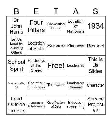 Beta Club Bingo Card