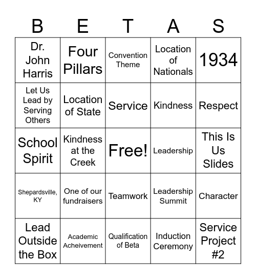 Beta Club Bingo Card