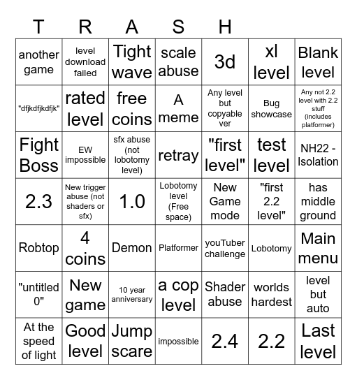 Geometry Dash 2.2 Recent Tab Bingo Card